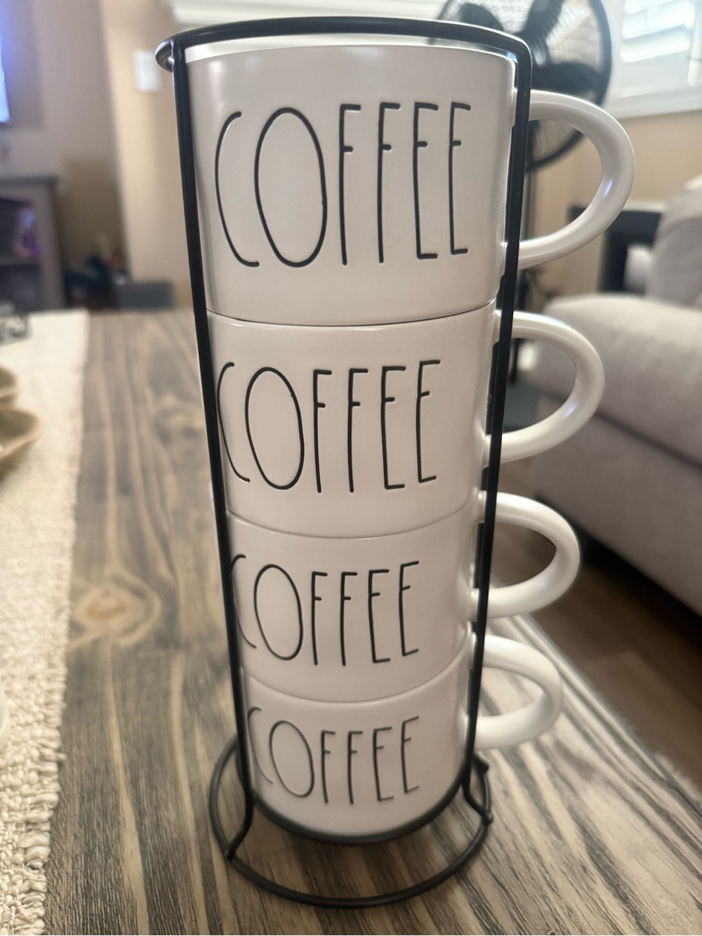 Magenta Rae Dunn Coffee Cups Stacking White Mugs Set of 4 ~Metal Stand Black
